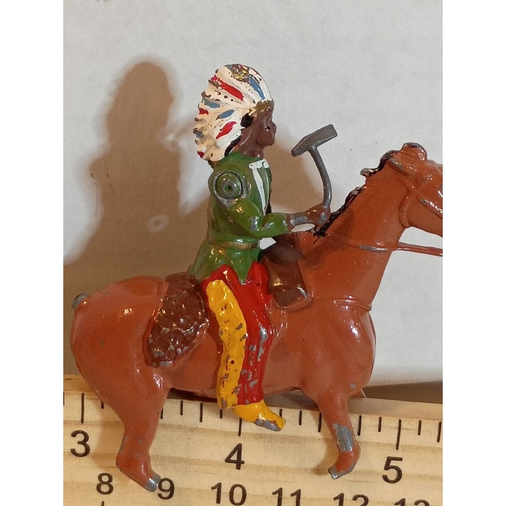 Vintage Lead Toy Native American Chief on Horseback Metal Figure Tomahawk